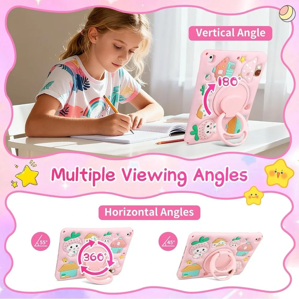 Kids iPad 10.2 Case Pink Strawberry Mushroom w Strap Stand iPad 7th 8th 9th